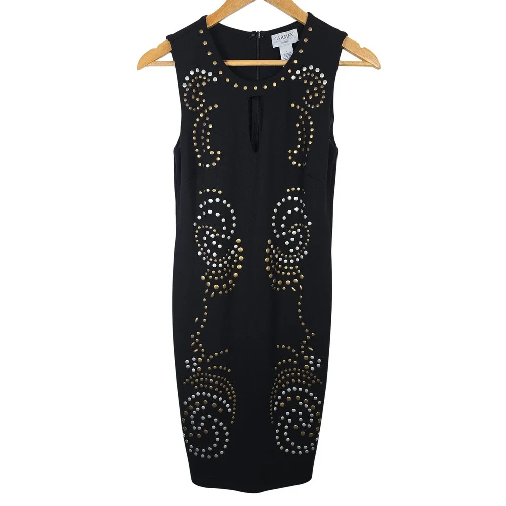 Carmen Marc Valvo Black Studded Keyhole Sheath Dress Womens Size S Sleeveless